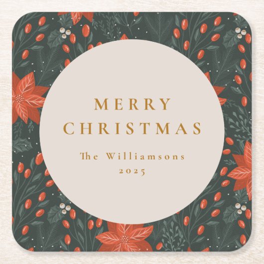 クリスマスヴィンテージ赤い植物緑カスタム園 スクエアペーパーコースター (正面)