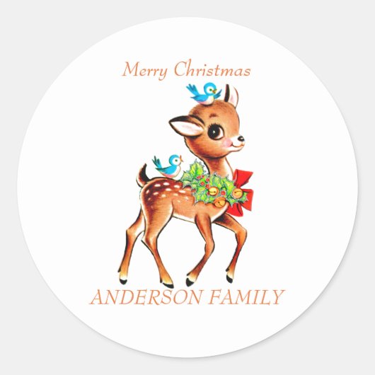 クリスマスヴィンテージ鹿の頭に鳥が付いた子鹿 ラウンドシール (正面)