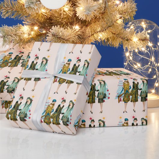 クリスマスヴィンテージ1930の女性クリスマスツリー ラッピングペーパー (クリスマス)