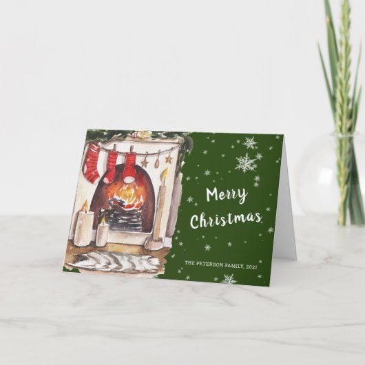 クリスマスヴィンテージ |緑の暖炉のホリデーカード シーズンカード (正面)