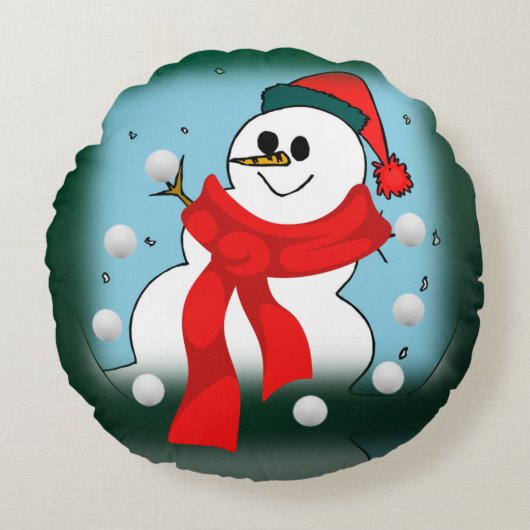 クリスマス丸型クッション、雪だるま ラウンドクッション (正面)