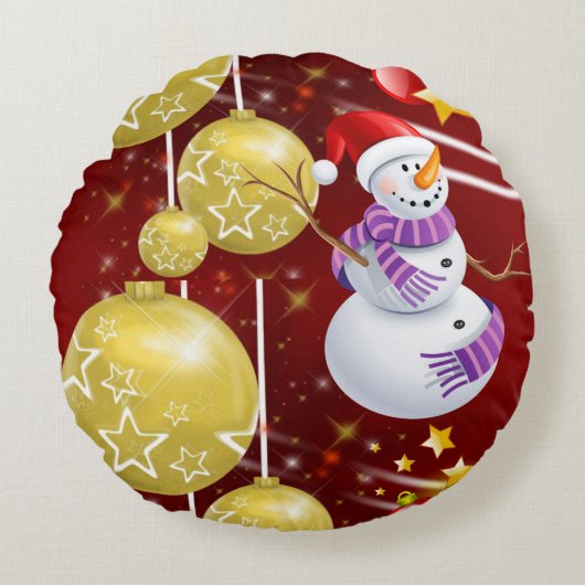 クリスマス丸型クッション、雪だるま ラウンドクッション (正面)