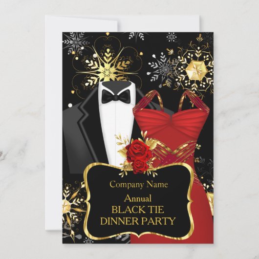 クリスマス企業のブラックタイディナーパーティー赤 招待状 (正面)
