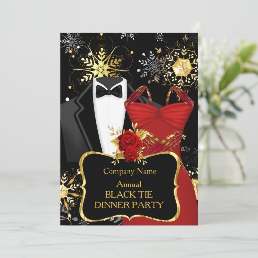 クリスマス企業のブラックタイディナーパーティー赤 招待状 (スタンド正面)