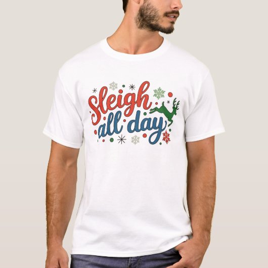 クリスマス休日のトナカイ Xmas サンタのそり Tシャツ (正面)