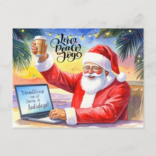 クリスマス休暇に向けてサンタがオンラインで作業中 シーズンポストカード (正面)