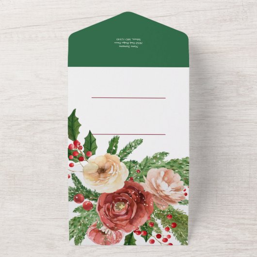 クリスマス休暇の挨拶用水色フローラカード  オールインワン招待状 (外側)