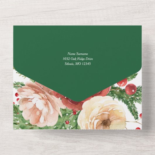 クリスマス休暇の挨拶用水色フローラカード  オールインワン招待状 (裏面)