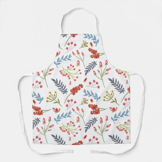 クリスマス休暇の赤い果実の白い青 エプロン (正面)