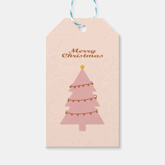 クリスマス休暇を祝うピンクのクリスマスツリー ギフトタグ (正面)