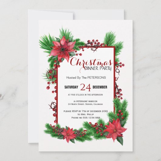 クリスマス伝統的ディナーパーティー赤ポインセチア 招待状 (正面)