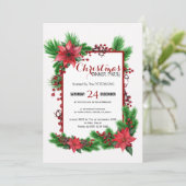 クリスマス伝統的ディナーパーティー赤ポインセチア 招待状 (スタンド正面)