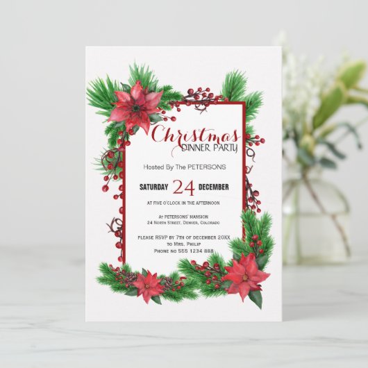 クリスマス伝統的ディナーパーティー赤ポインセチア 招待状 (スタンド正面)