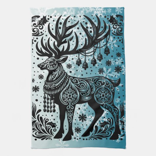 クリスマス伝統的トナカイ キッチンタオル (縦)
