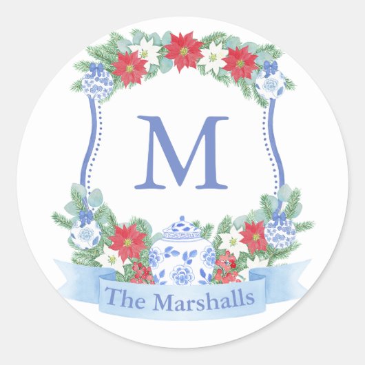 クリスマス伝統的モノグラムクレスト封筒用シール ラウンドシール (正面)