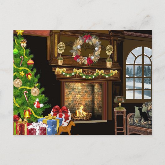 クリスマス伝統的暖炉 ポストカード (正面)