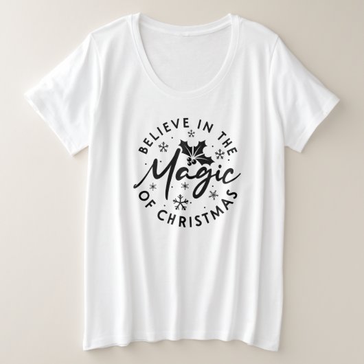 クリスマス信じの魔法白黒 プラスサイズTシャツ (デザイン正面)