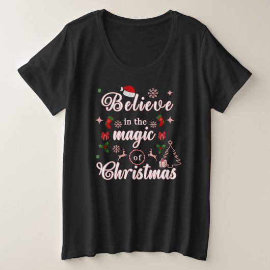 クリスマス信じクリスマス引用文Desの魔法で プラスサイズTシャツ (デザイン正面)
