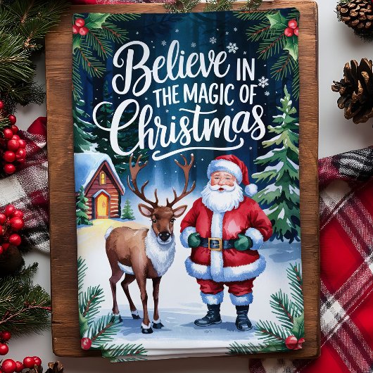 クリスマス信じサンタと鹿の魔法で キッチンタオル
