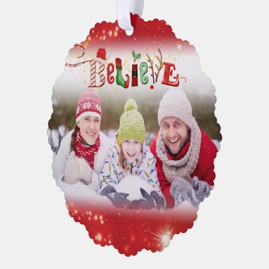 クリスマス信じスピリット写真年ハイライト赤 オーナメントカード (左)