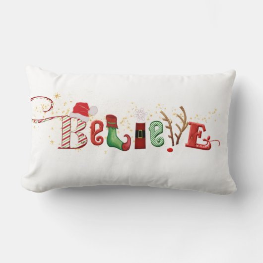 クリスマス信じタイポグラフィ懐かしいアイコン ランバークッション (正面)