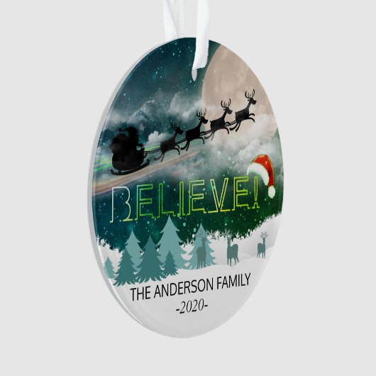 クリスマス信じトナカイそりサンタハット写真 オーナメント (正面)