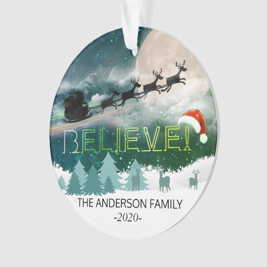 クリスマス信じトナカイそりサンタハット写真 オーナメント (正面)