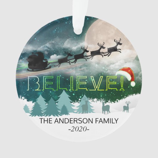 クリスマス信じトナカイそりサンタハット写真 オーナメント (正面)