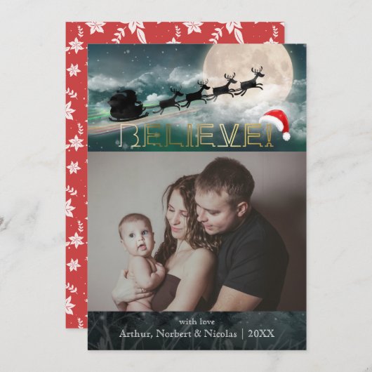 クリスマス信じトナカイそりサンタハット写真 シーズンカード (正面/裏面)