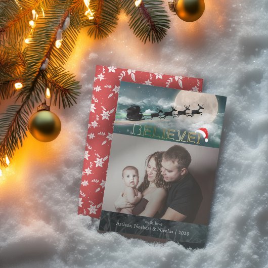 クリスマス信じトナカイそりサンタハット写真 シーズンカード
