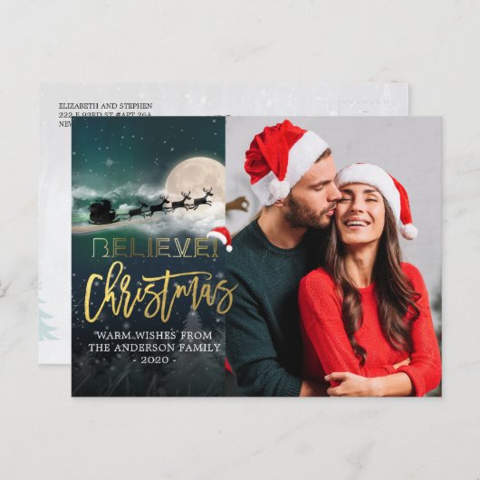 クリスマス信じトナカイそりサンタハット写真 シーズンポストカード (正面/裏面)