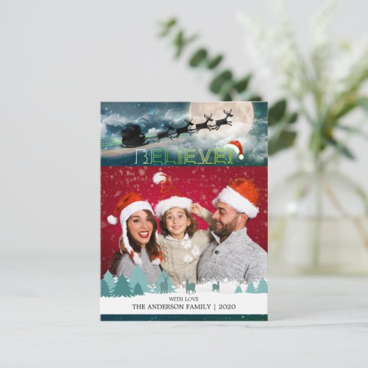 クリスマス信じトナカイそりサンタハット写真 シーズンポストカード (スタンド正面)