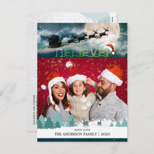 クリスマス信じトナカイそりサンタハット写真 シーズンポストカード (正面/裏面)
