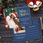 クリスマス信じ魔法2家族の写真ブルー 箔シーズンポストカード<br><div class="desc">クリスマスの家族のポートレートのモダン1つ離れが補完するクリスマスの家族のの休日の挨拶はがき実在は、クラシックの青い背景の右に"魔法のを飾るのを飾った金ゴールド箔と言葉遣い、独自の挨拶メッセージでカスタマイズ可能。ポストカードの背面は、第2の写真、差出人住所、および第2のメッセージでカスタマイズ可能。</div>