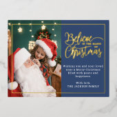 クリスマス信じ魔法2家族の写真ブルー 箔シーズンポストカード (正面)