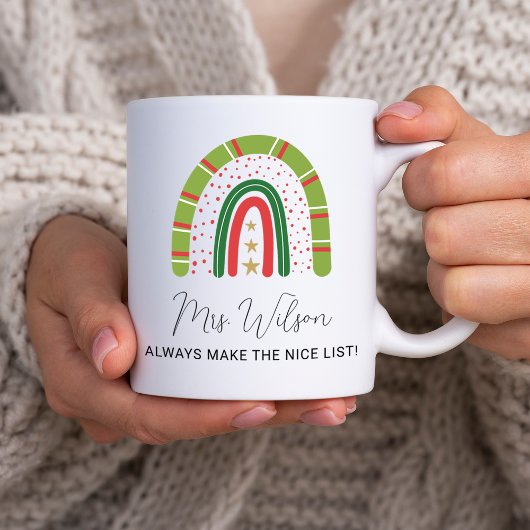 クリスマス先生のための虹のナイスリスト コーヒーマグカップ