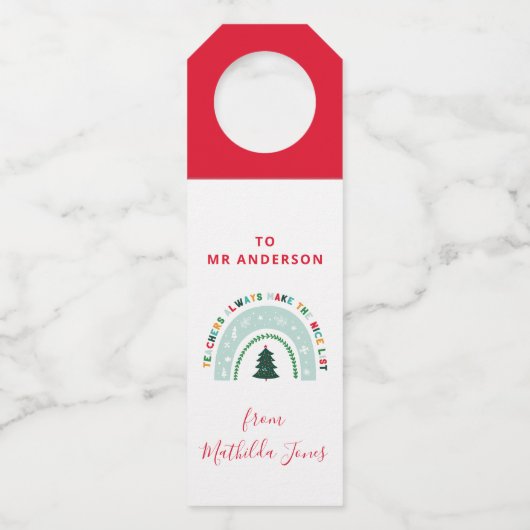 クリスマス先生レインボーナイスリストかわいいギフト ボトルネックタグ (正面)
