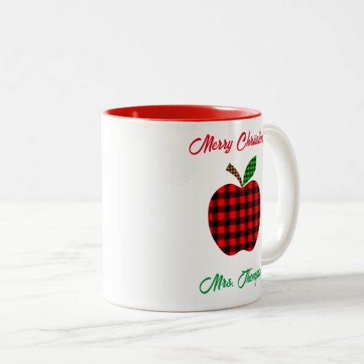 クリスマス先生レッドプレイドアップル名前をカスタムする ツートーンマグカップ (正面右)