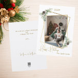 クリスマス写真の幾何学的金ゴールド モダン シーズンカード<br><div class="desc">モダンエレガント金ゴールド幾何写真フレームフェイク付きクリスマスカード。松飾と球根を持つ家族の名前をカスタマイズして追加する。ハッピーホリ書ーズは、トレンディーの手書きスタイルスクリプトと。</div>