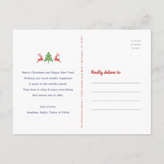 クリスマス写真の醜いセーターおもしろい北欧レッドグリーン シーズンポストカード (裏面)