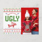 クリスマス写真の醜いセーターおもしろい北欧レッドグリーン シーズンポストカード (正面)