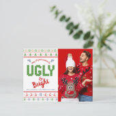クリスマス写真の醜いセーターおもしろい北欧レッドグリーン シーズンポストカード (スタンド正面)