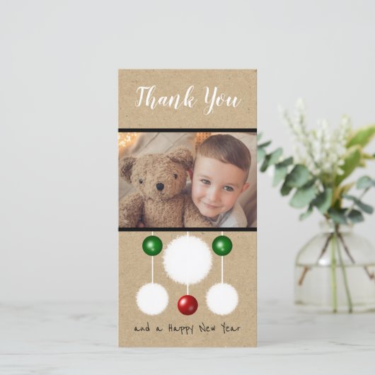クリスマス写真の雪だるま玉は緑の赤い素朴な玉 サンキューカード (スタンド正面)