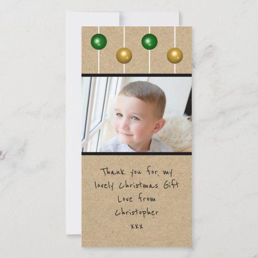 クリスマス写真の雪だるま玉は緑の赤い素朴な玉 サンキューカード (裏面)