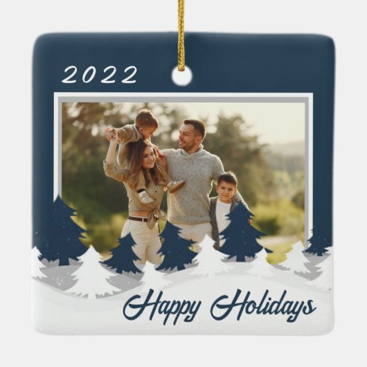 クリスマス写真の青いパーソナライズされたクリスマス セラミックオーナメント (裏面)