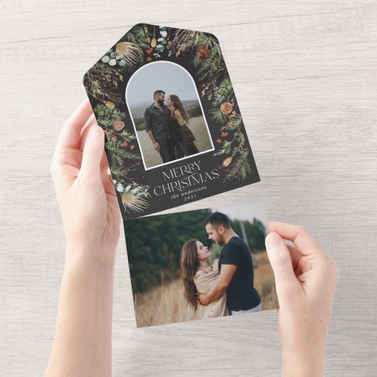 クリスマス写真アーチ水彩植物性フローラ オールインワン招待状 (貼ってはがせる)
