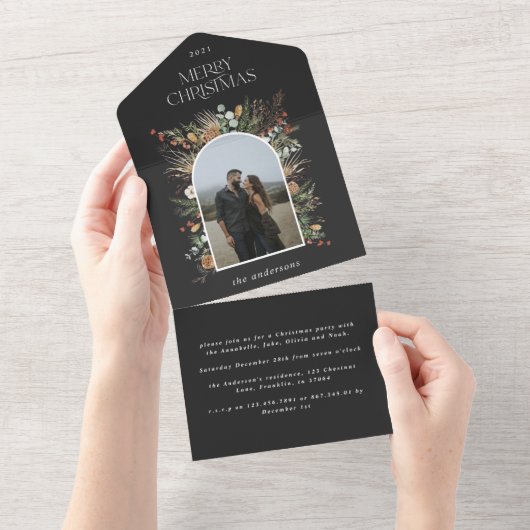 クリスマス写真アーチ水彩植物性フローラ オールインワン招待状 (貼ってはがせる)