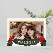 クリスマス写真グリーン祝福 箔シーズンカード (立ち正面)