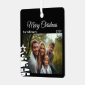 クリスマス写真テンプレートブラックミニマルホリデイ メタルオーナメント (正面左)