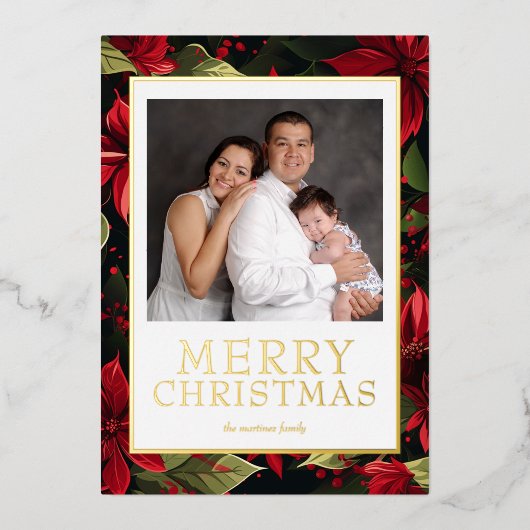 クリスマス写真 ポインセチア ゴールドホイル 箔シーズンカード (正面)